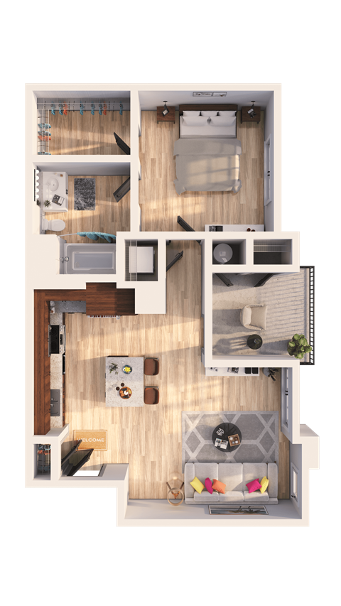 Floor plan for 1 bed, 1 bath, 587 sqft